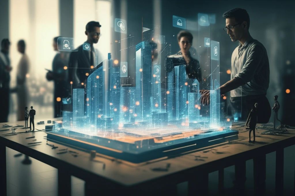 Citizens engaging with a holographic city model, casting votes that fairly allocate resources.
