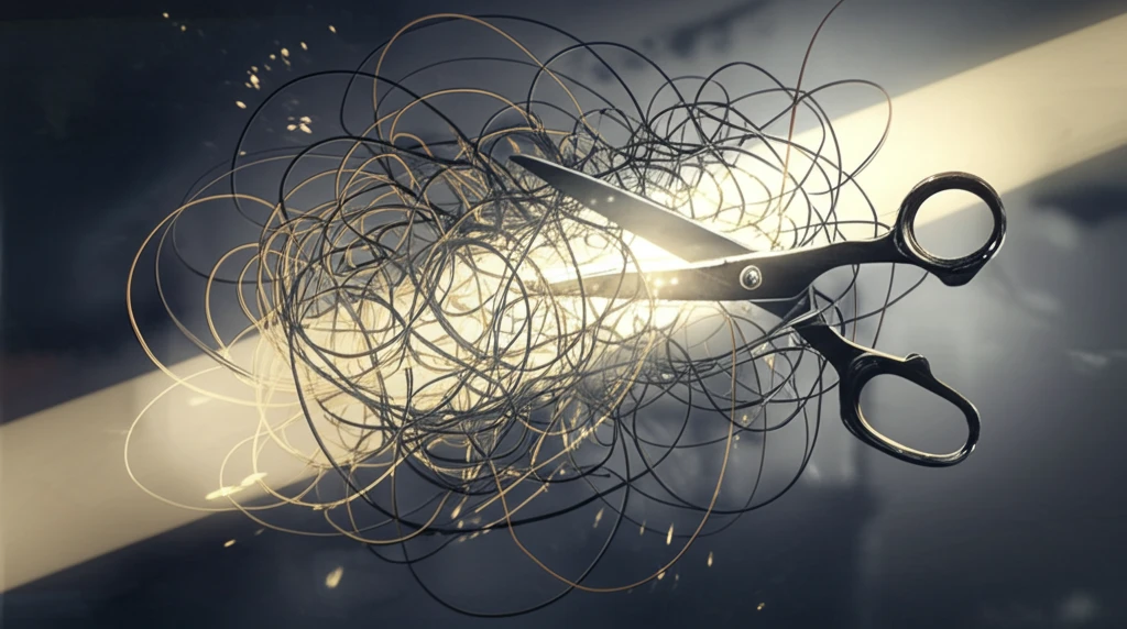Scissors cutting through a web of lines, symbolizing cutting feedback in economic models.