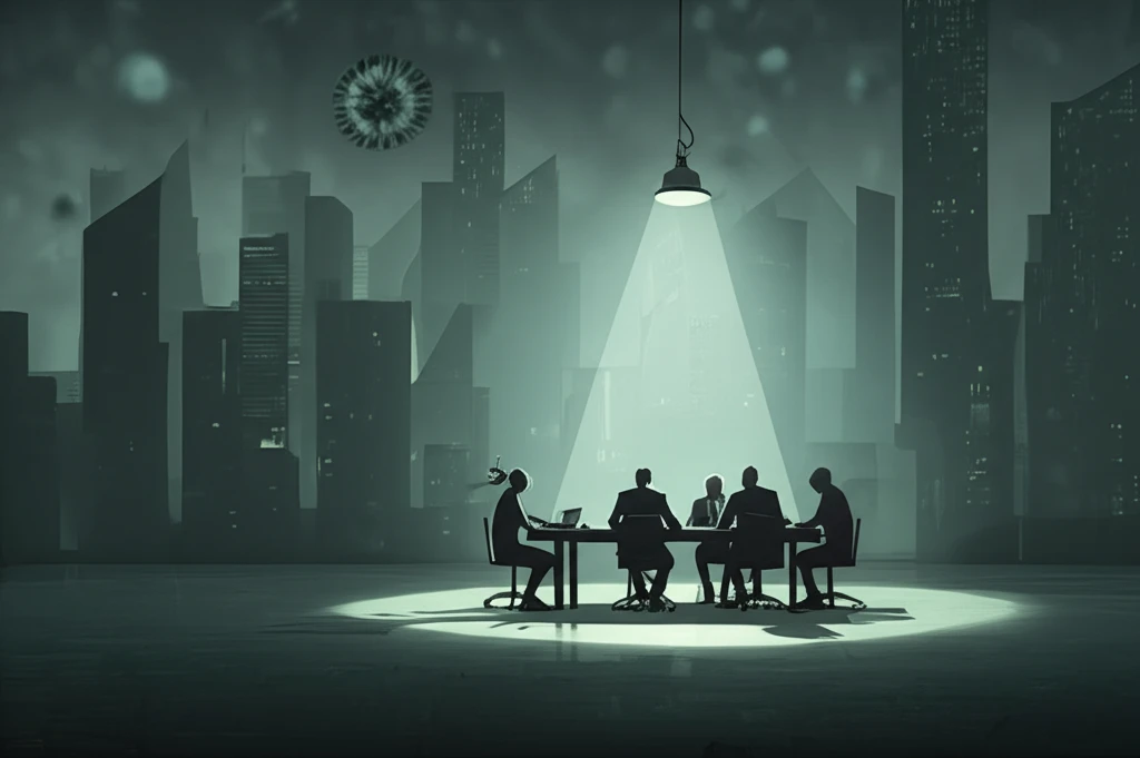 Government officials casting shadows over scientists at a COVID-19 advisory board meeting.