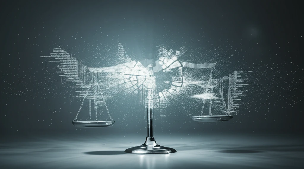 Shattered code transforming into a balanced scale, symbolizing algorithmic fairness.