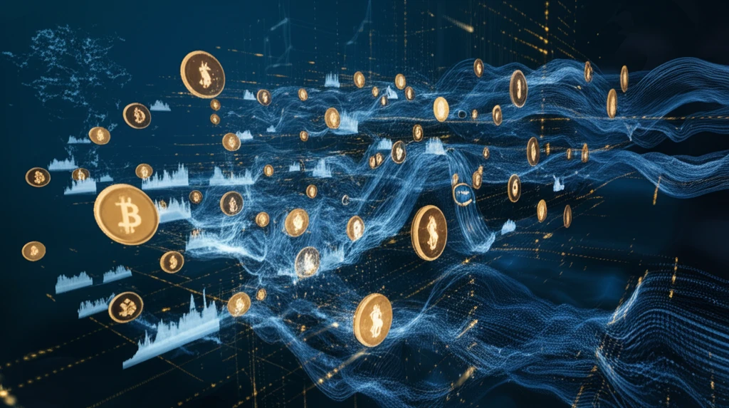 Illustration of a stylized financial ecosystem with flowing data streams and interconnected nodes.