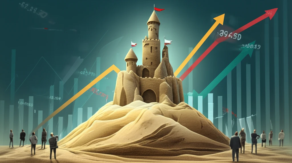 Surreal image of shifting sandcastle representing economic forecast volatility.