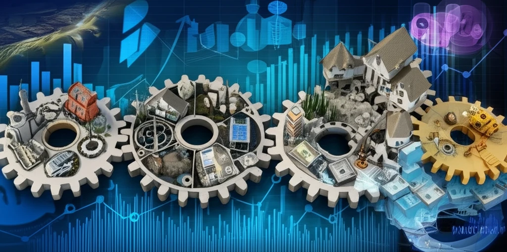 Interlocking gears representing the economy with houses, stock charts, and people