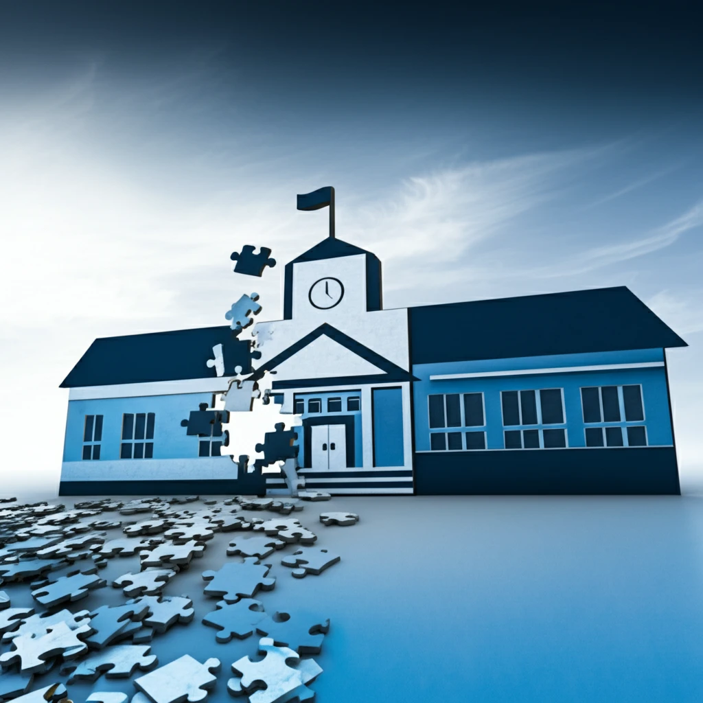 Puzzle pieces forming school, symbolizing school district consolidation
