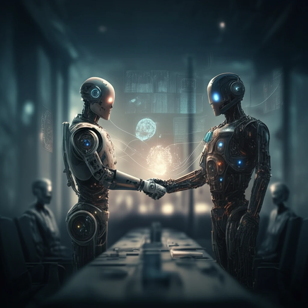 Futuristic illustration of AI negotiation with stylized robots shaking hands in a bright, modern setting.