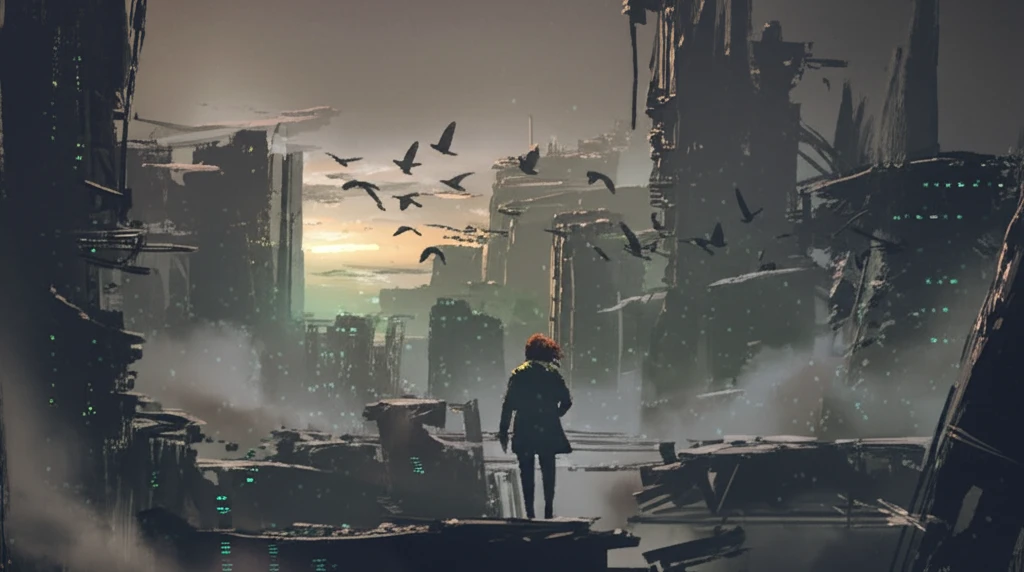 City skyline fading into smog with birds flying away.