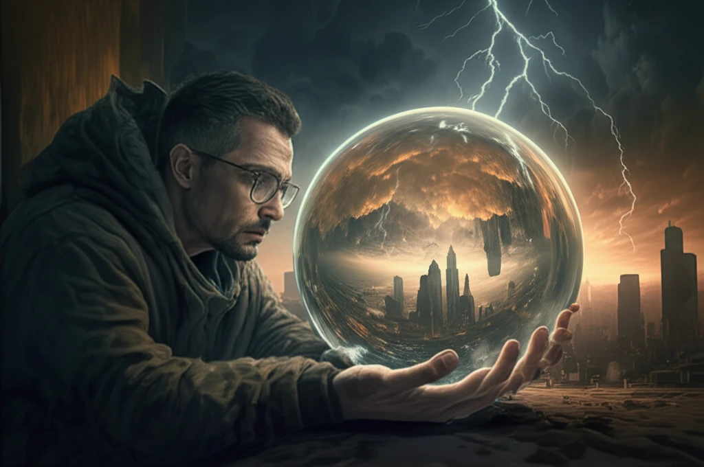 Crystal ball reflecting storm clouds over a city skyline, representing an economic recession.