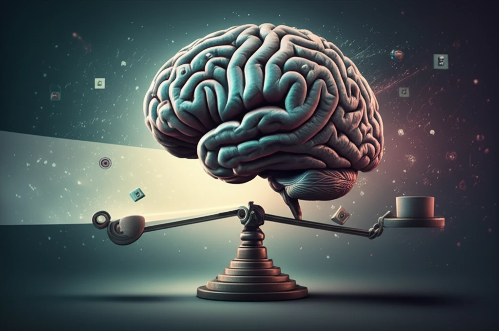 Surreal illustration of a brain with distorted weights aligning under coherent light.