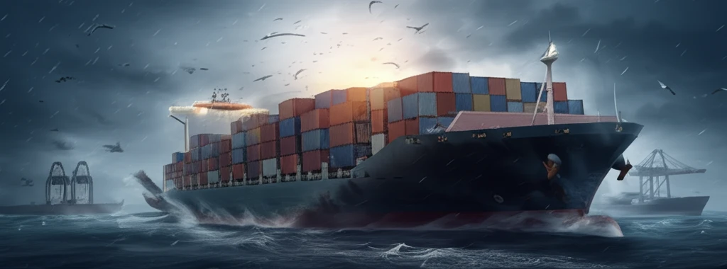 Container ships merging on a stormy sea