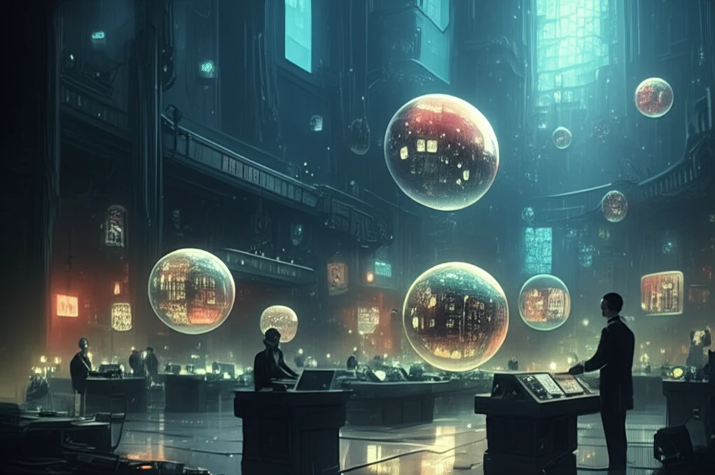 Futuristic auction house filled with glowing orbs.
