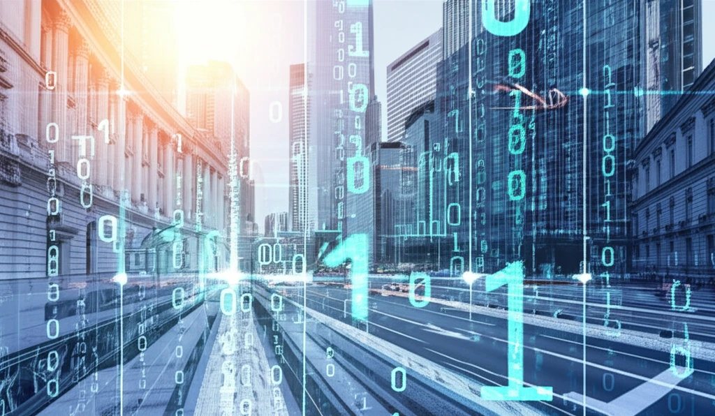 Surreal cityscape with binary code, symbolizing AI's role in finance.