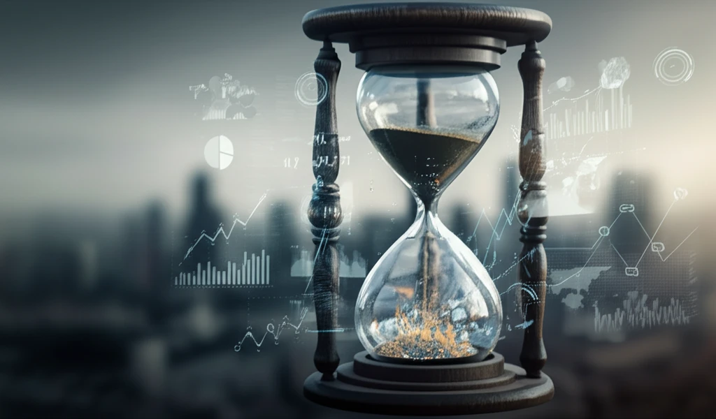 Shattered hourglass with economic data flowing out, representing challenges of short-term data analysis.