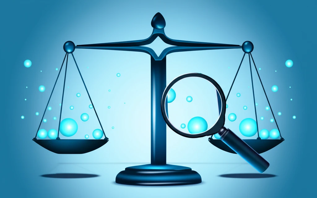 Balanced scales with data points, representing covariate balancing in causal inference.