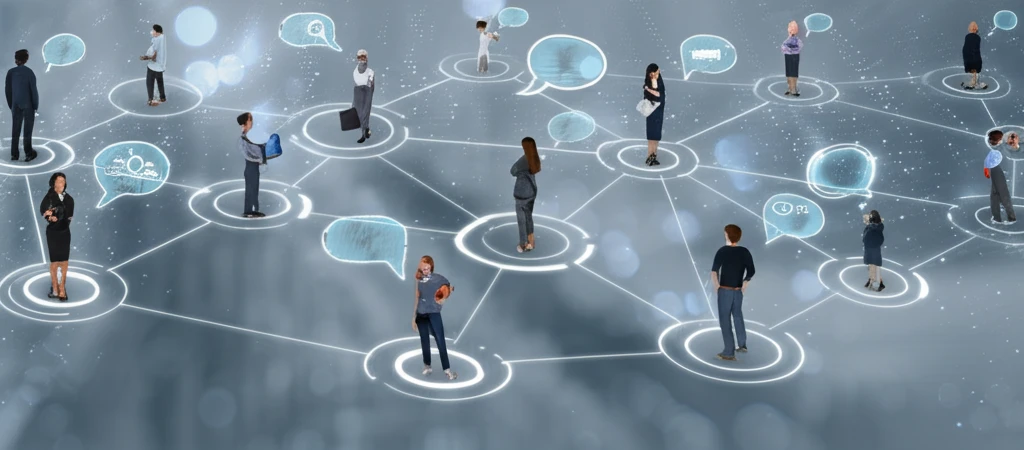 Interconnected group of people subtly influencing each other's choices.