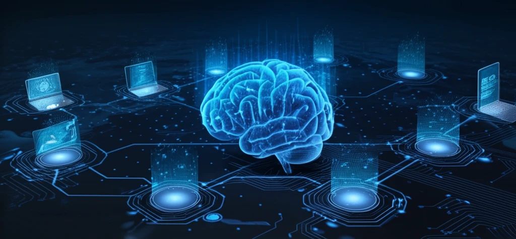 Interconnected devices collaboratively contributing data to a central AI brain.
