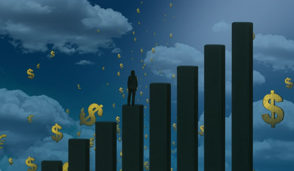 Person climbing income stairs, financial symbols