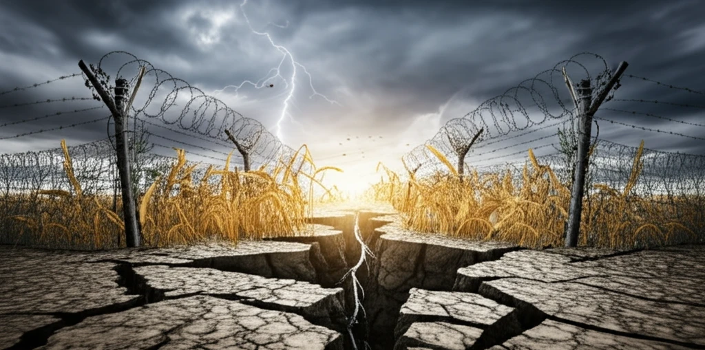 A surreal illustration representing the global food crisis caused by the Russia-Ukraine conflict, showing divided wheat fields and a stormy sky.