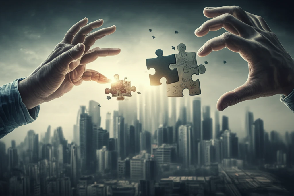 Two hands reaching for puzzle pieces, symbolizing confident and hesitant investment decisions.