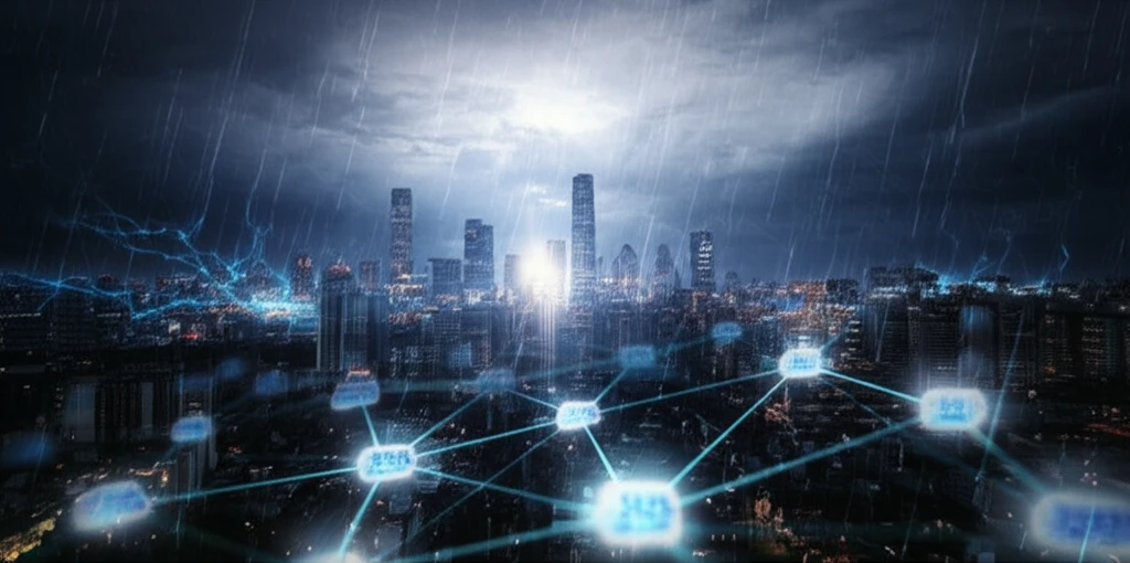Neural network over a stormy cityscape, symbolizing AI's role in predicting financial crises.