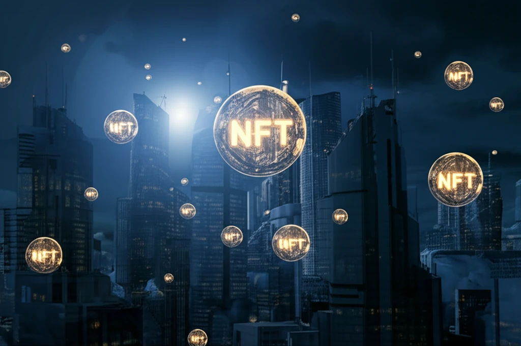 Futuristic cityscape with floating NFT tokens