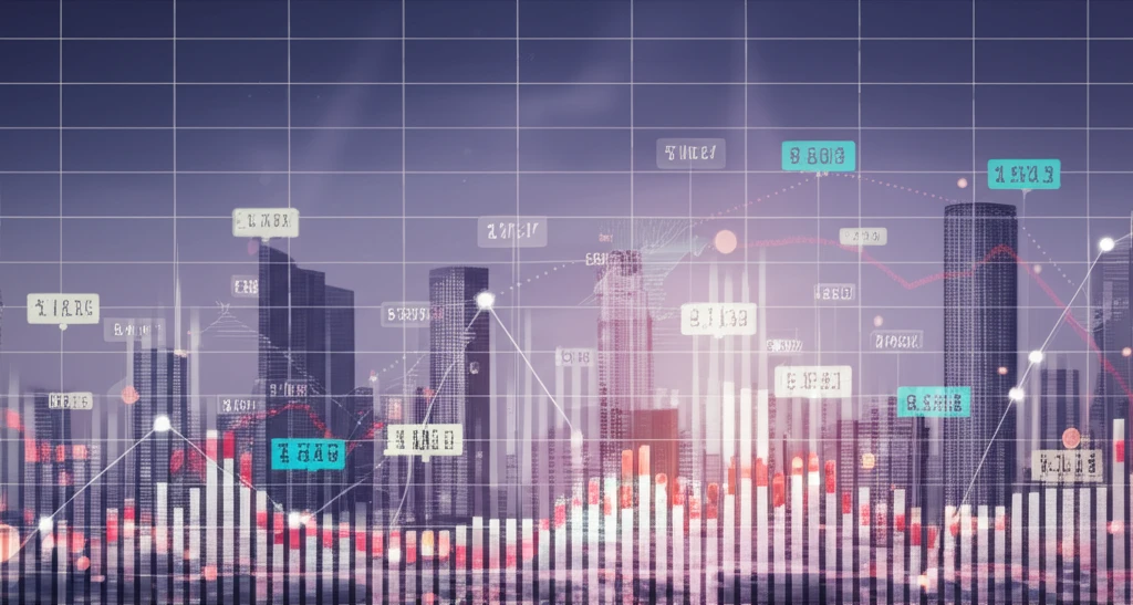 Cityscape with dynamic data graphs representing market volatility.