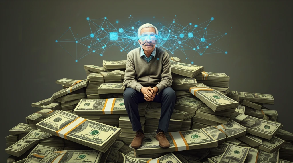 AI analyzes elderly savings: A neural network overlay on an elderly individual with money, illustrating the use of AI in understanding financial behaviors.
