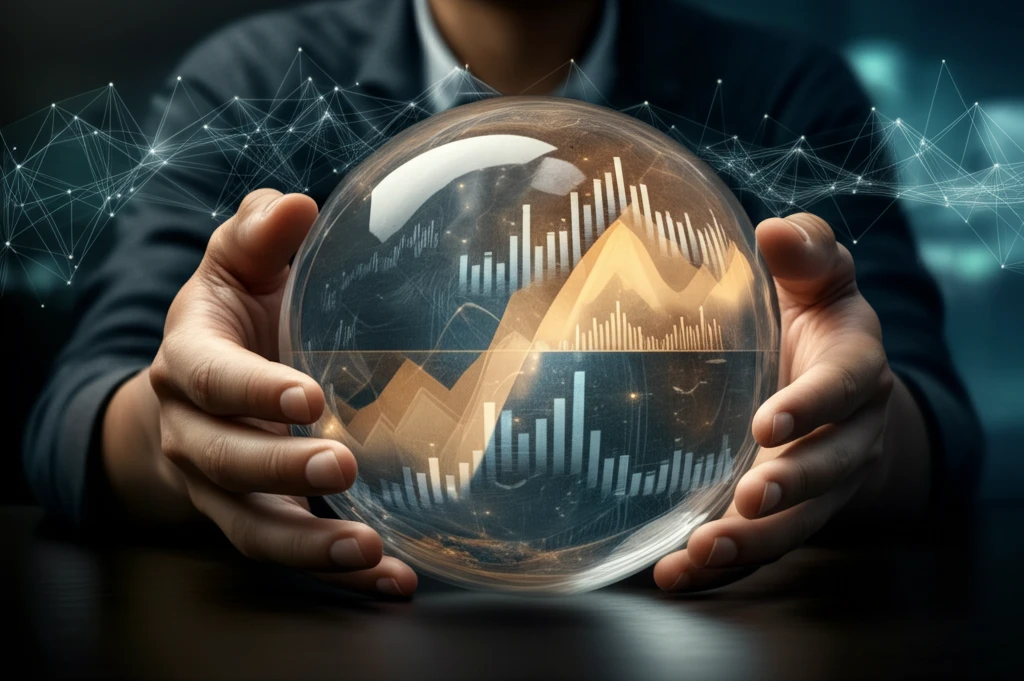 Crystal ball displaying complex economic graphs.