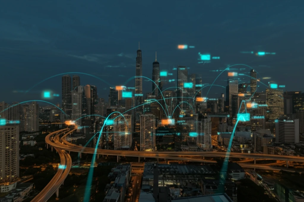 Neural network over a cityscape, symbolizing economic forecasting with AI.