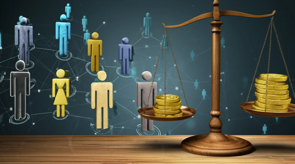 Scales balancing gold coins against diverse figures, representing equitable resource allocation.