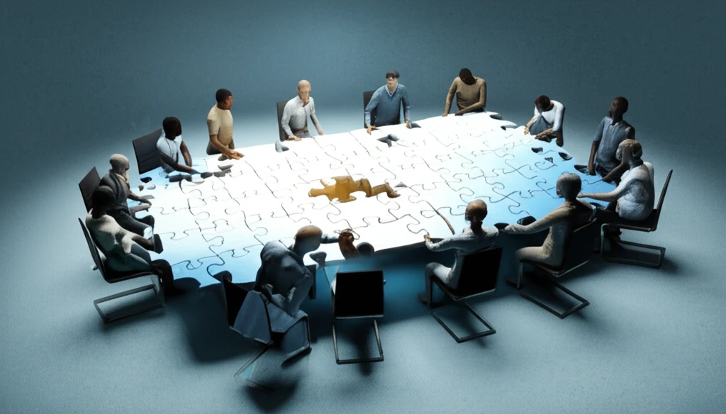 A surreal illustration depicting the challenges of collective decision-making and incomplete information.