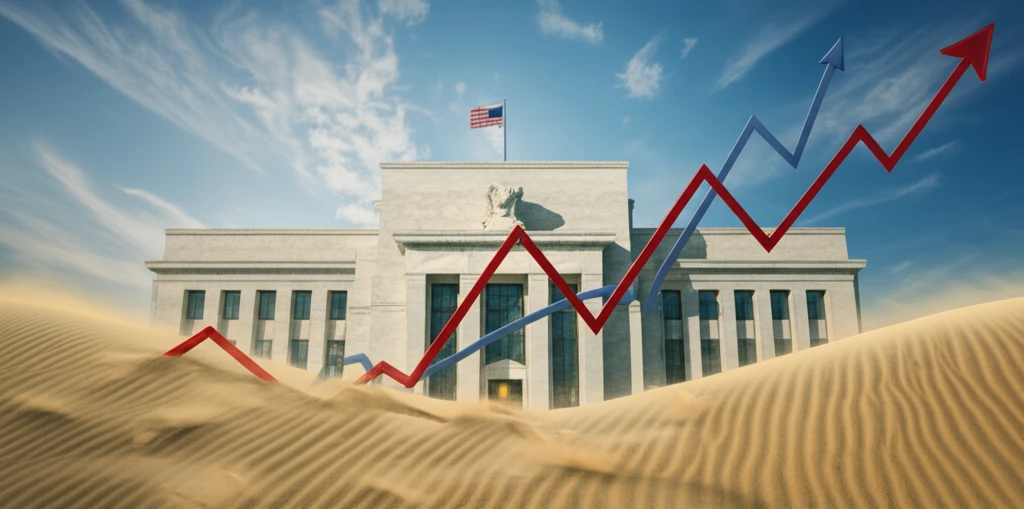 Surreal illustration of the Federal Reserve with shifting sands, symbolizing evolving monetary policy.
