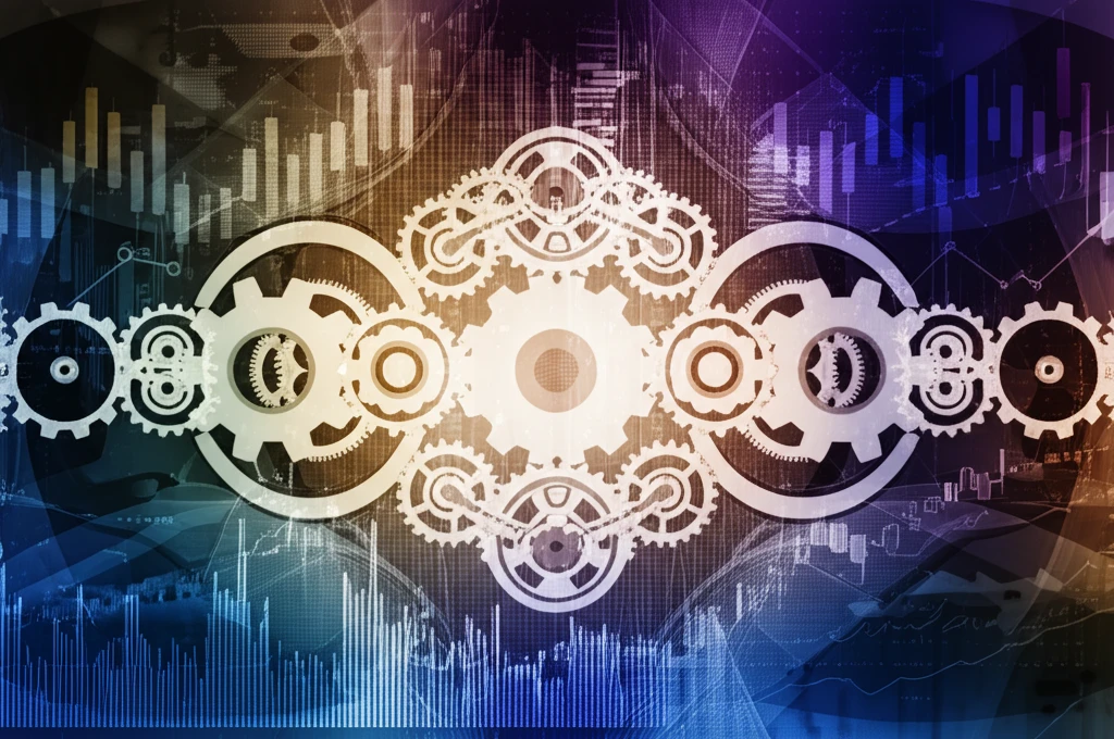 Symmetrical gears representing simplified complex systems.