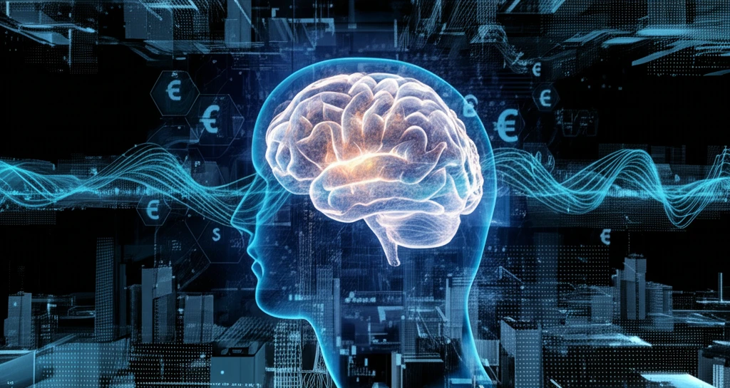 AI brain overseeing a data network of financial symbols.