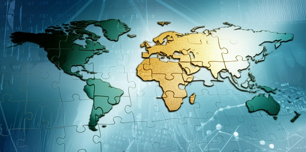 World map with misaligned puzzle pieces, symbolizing measurement errors in global trade data.