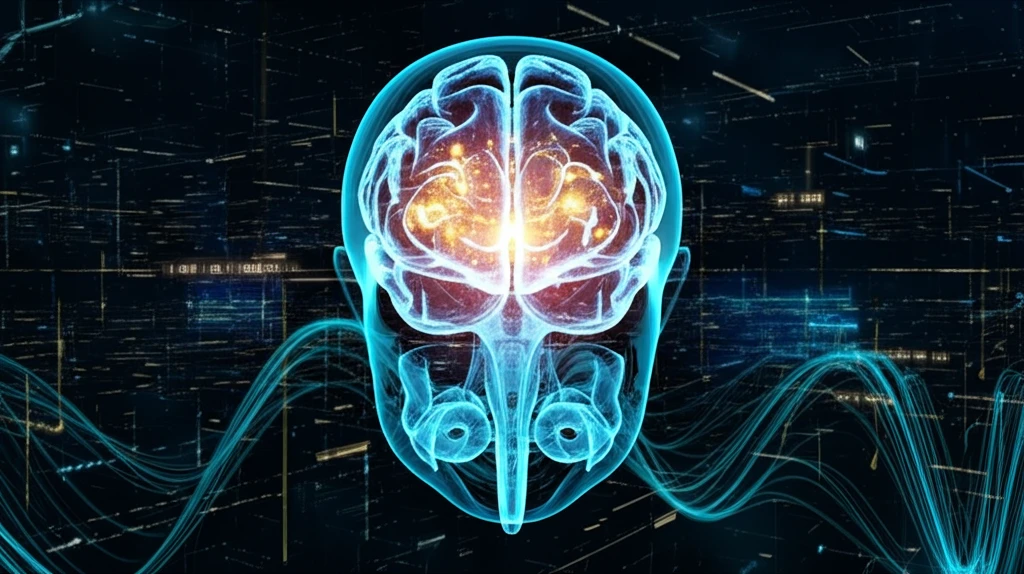 Blockchain network with glowing DAOs and sentiment data flowing between them, analyzed by an AI brain.