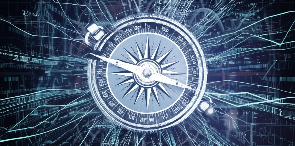 Distorted compass amid data streams, representing biased economic models.