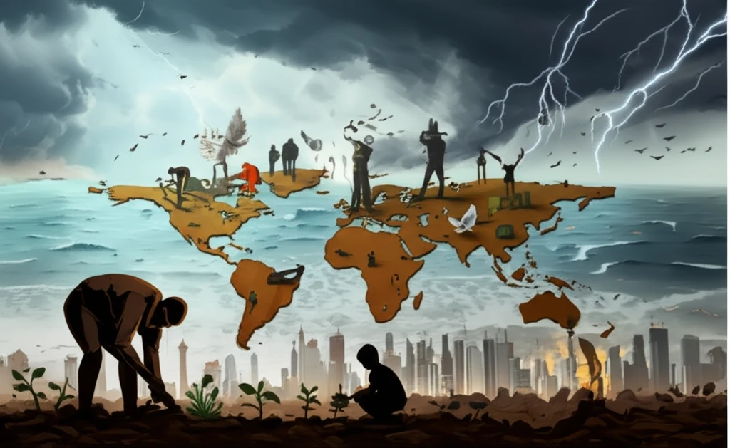 Surreal illustration of the impact of climate on global stability