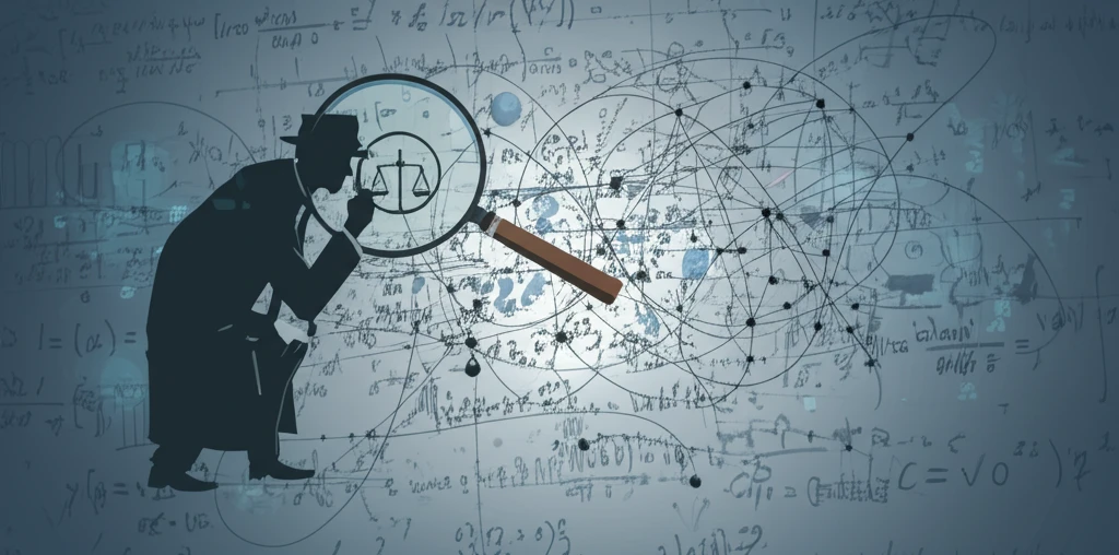 Detective examining interconnected data web representing causal inference complexities