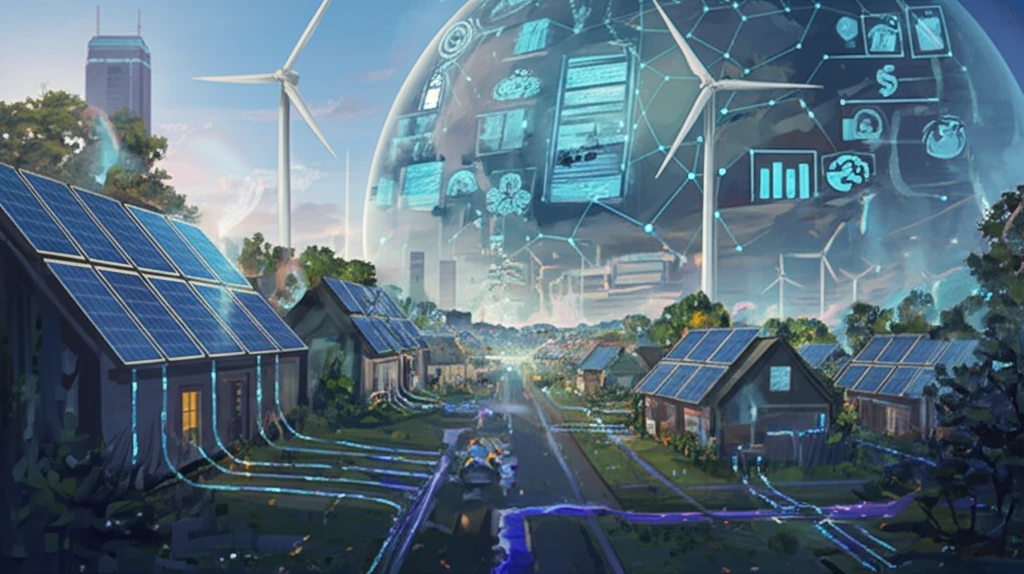 A surreal illustration of an energy community powered by renewable resources.