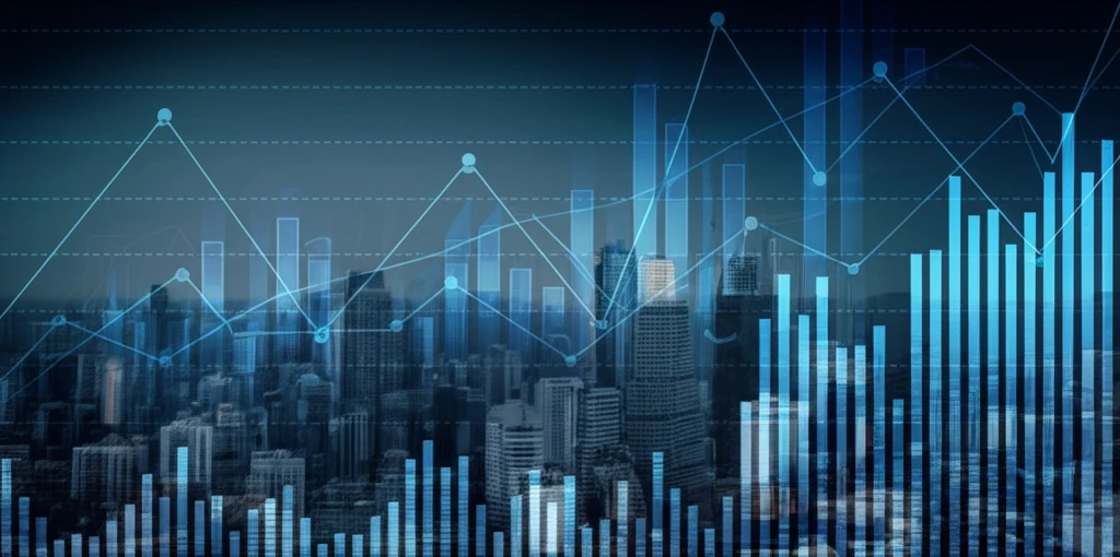 Abstract cityscape with interconnected economic charts symbolizing functional time series analysis.