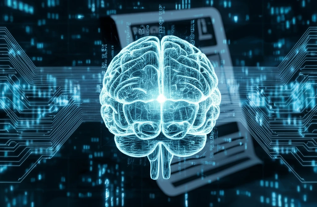 Data streams forming a brain, symbolizing machine learning for policy evaluation