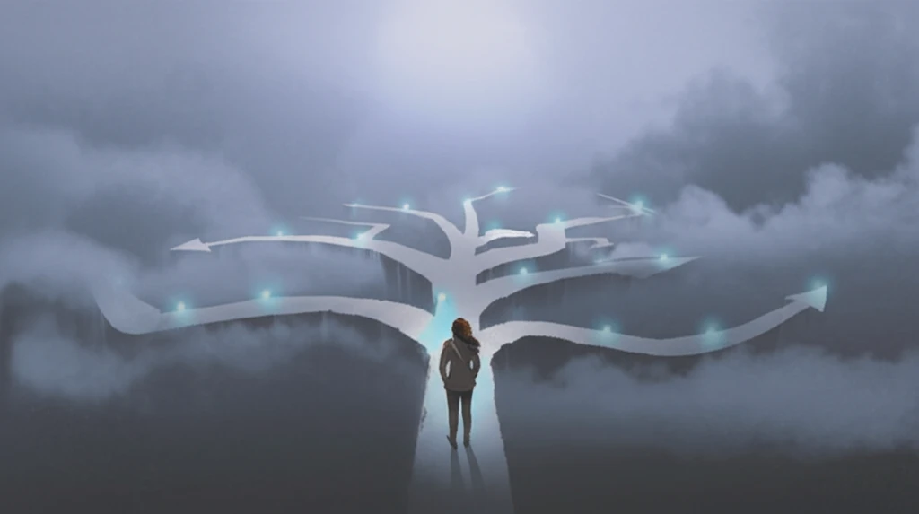 A person at a crossroads symbolizing decision-making under uncertainty.