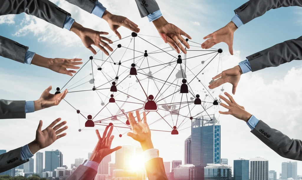 Interconnected hands symbolizing mutual aid and moral responsibility in a WE economy.