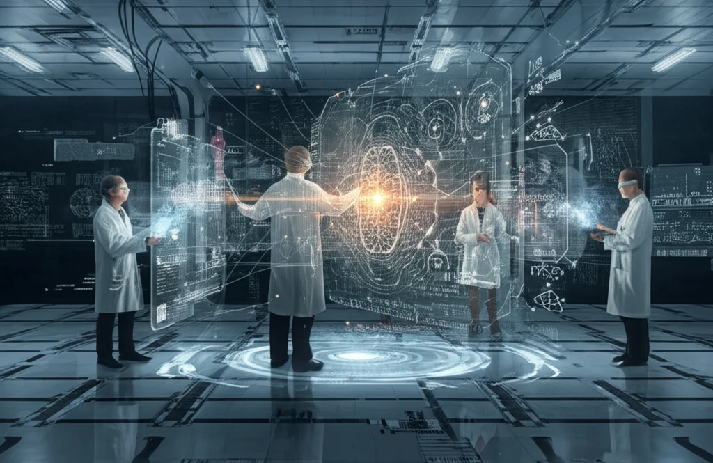 Scientists collaborating with AI in a futuristic laboratory