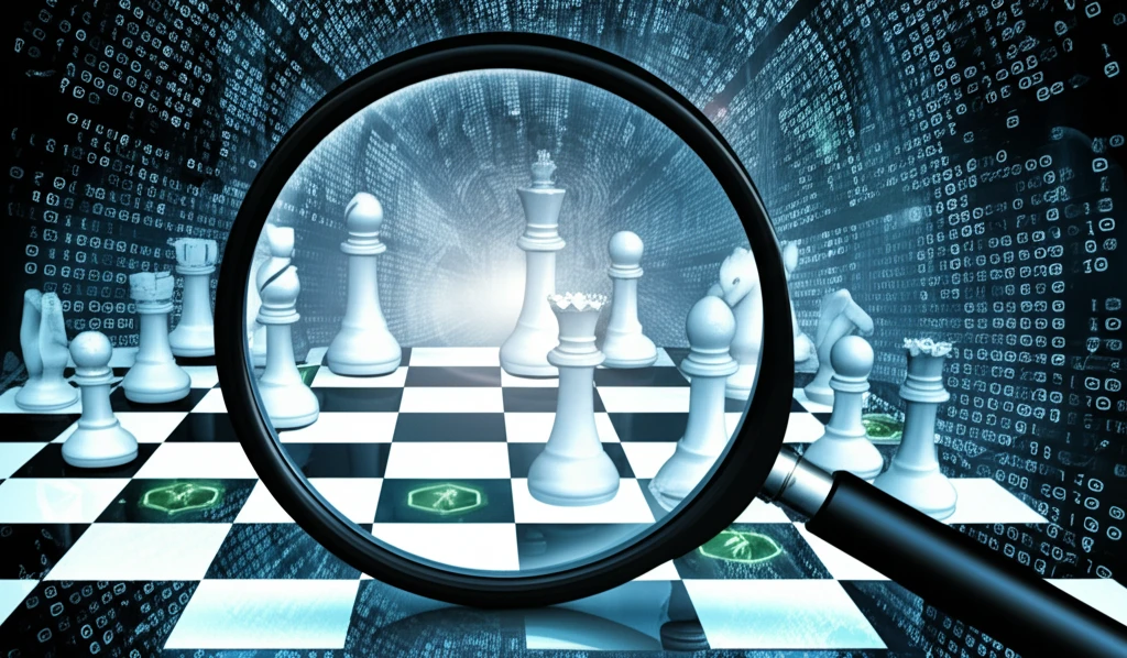 A detective's lens reveals hidden patterns within a complex game, symbolizing the detection of strategy and deception.