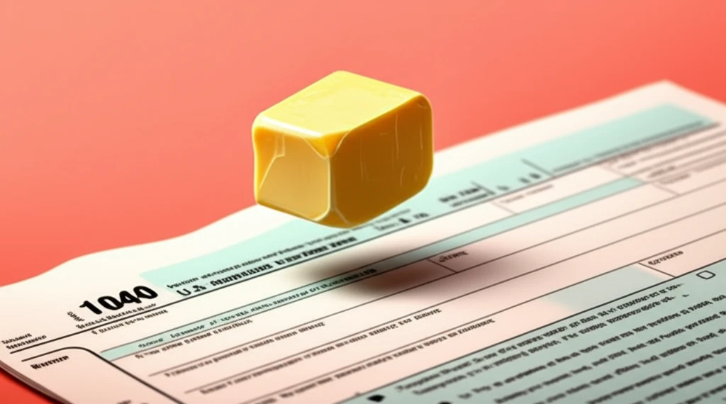 Surreal illustration of butter balancing on a tax form