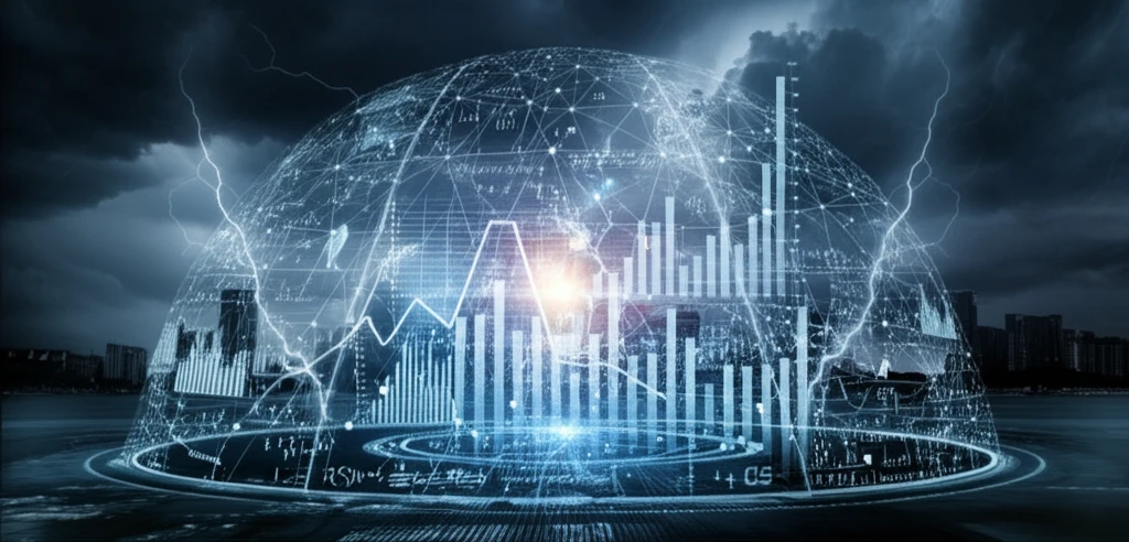 Cityscape protected by a dome of equations, symbolizing economic stability through Control Barrier Functions.