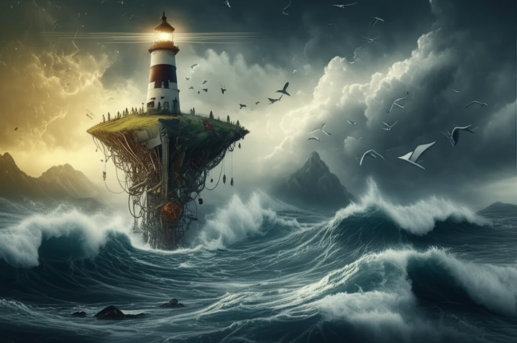 Lighthouse on a stormy sea, symbolizing financial resilience through copulas and principal components.