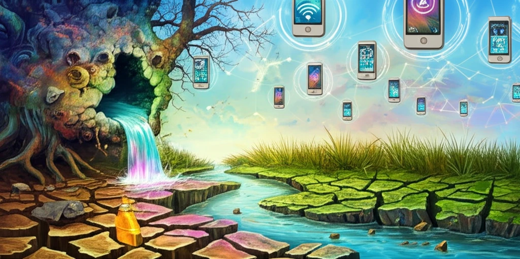 Digital aid transforming a parched land into a vibrant landscape.