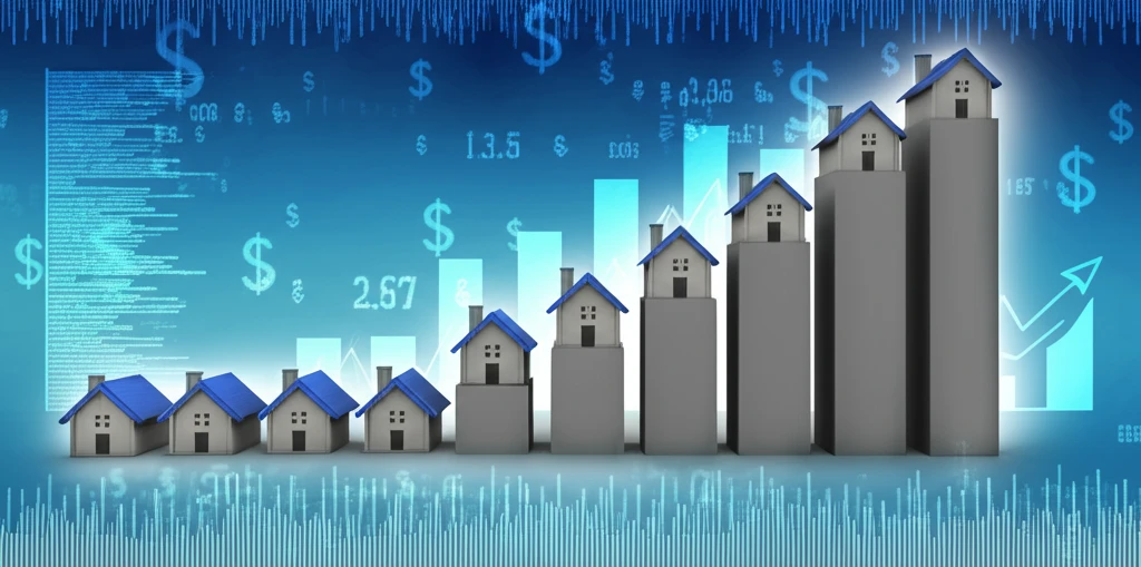 Digital illustration of houses arranged as a bar graph, representing income distribution trends.